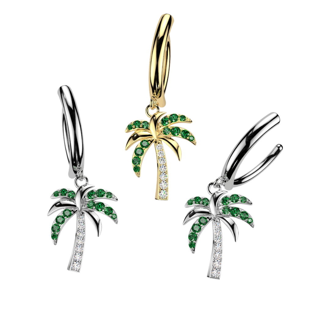 Stylischer Bauchnabel Clicker mit Palmen-Anhänger. In Gold oder Silber erhältlich – tropisches Design mit praktischem Klappverschluss.