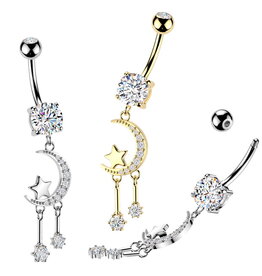 Bauchnabelpiercing Mondsichel & Stern – Kristall-Zirkonia | Chirurgenstahl 316L / PVD | Gold & Silber