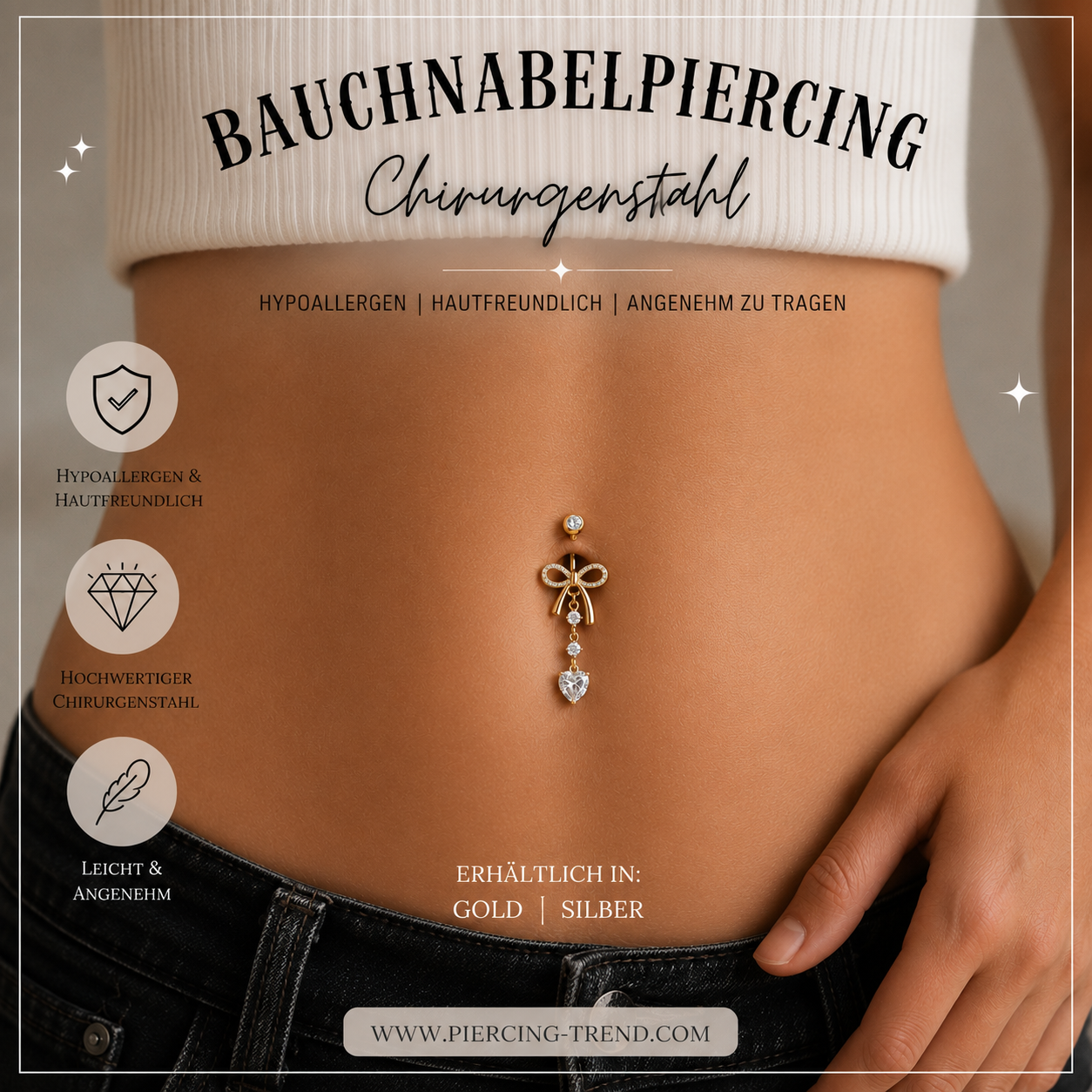 Bauchnabelpiercing Schleife mit Herz Anhänger – Gold oder Silber