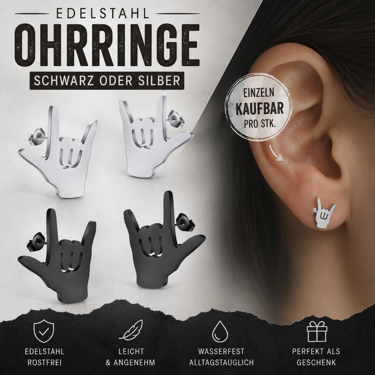 Ohrstecker Rocker Hand aus Edelstahl