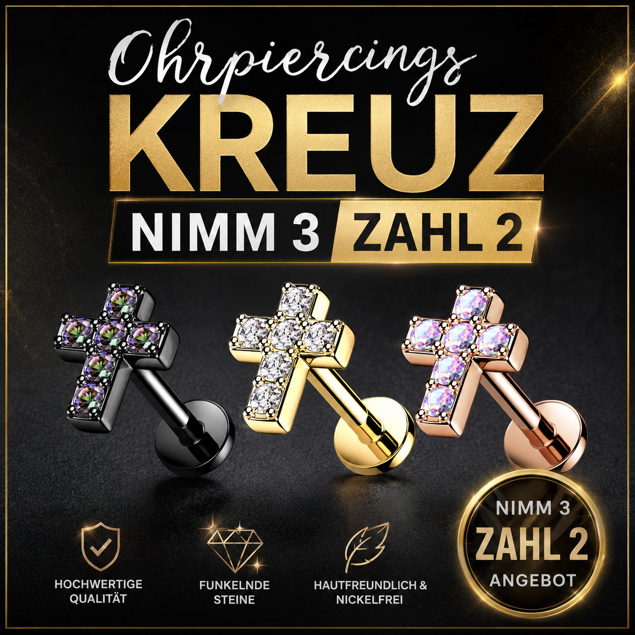 Kreuz Ohrpiercing Set – Nimm 3, zahl 2 Angebot
