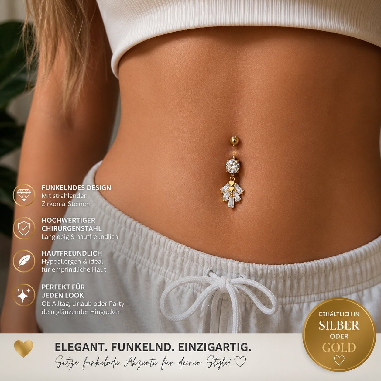 Bauchnabelpiercing mit Kristall-Anhänger – Gold oder Silber