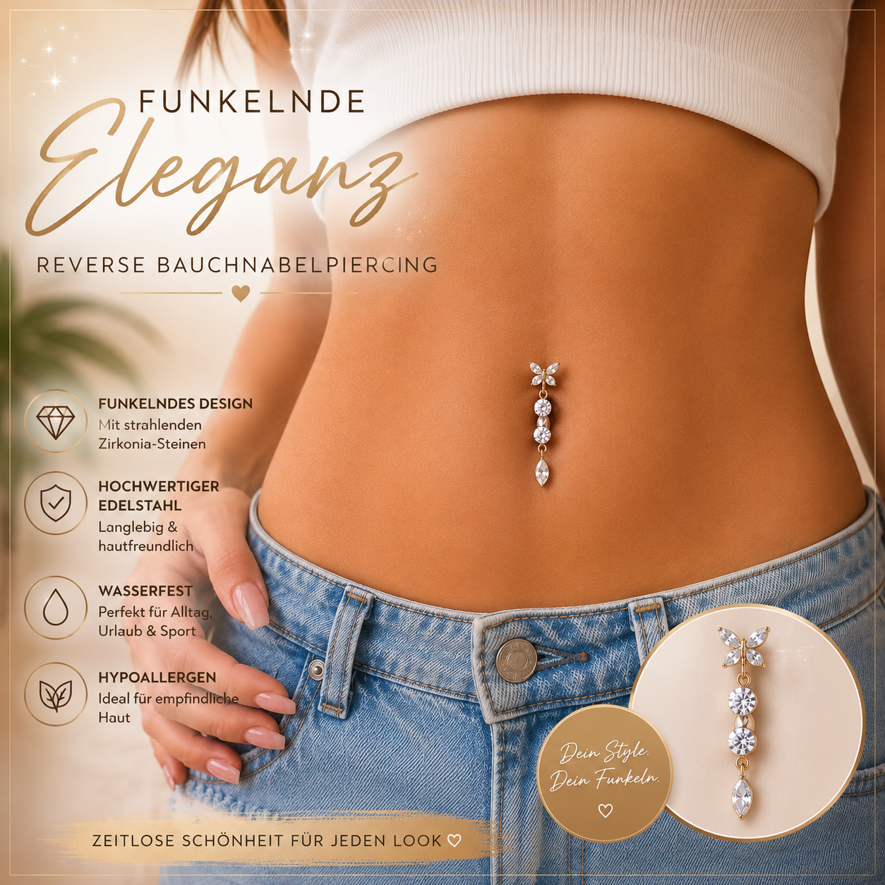 Reverse Bauchnabelpiercing Schmetterling – Silber oder Gold