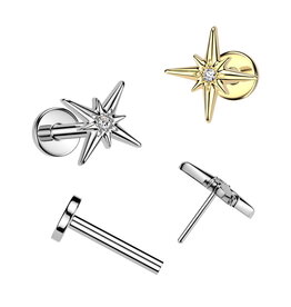 Labret Stecker Stern – Titan - PVD | Push-In | 1,2 x 8 mm | Gold & Silber