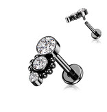 Labret Stecker mit 3 runden Kristall-Zirkonia – Chirurgenstahl 316L PVD
