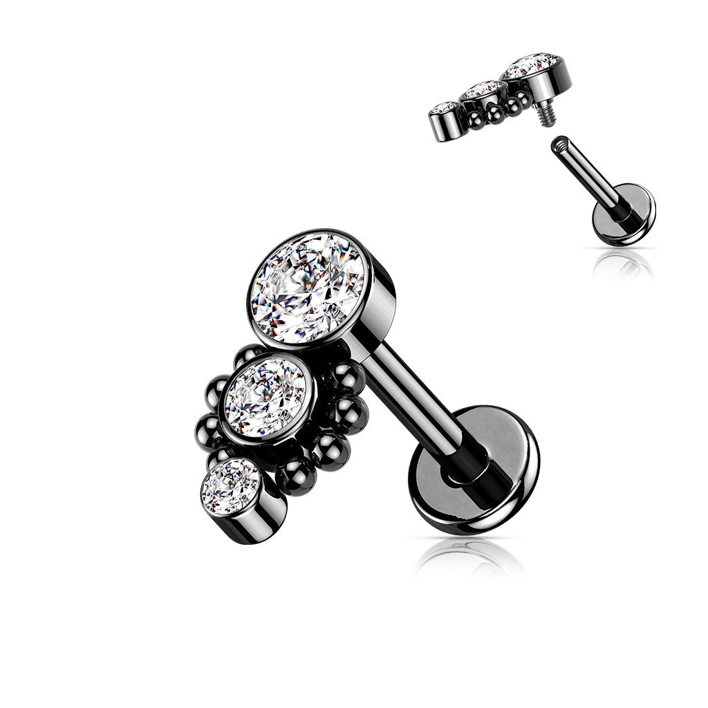 Labret Stecker mit 3 runden Kristall-Zirkonia – Chirurgenstahl 316L PVD
