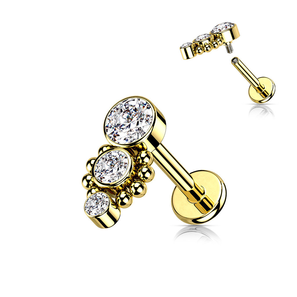 Labret Stecker mit 3 runden Kristall-Zirkonia – Chirurgenstahl 316L PVD