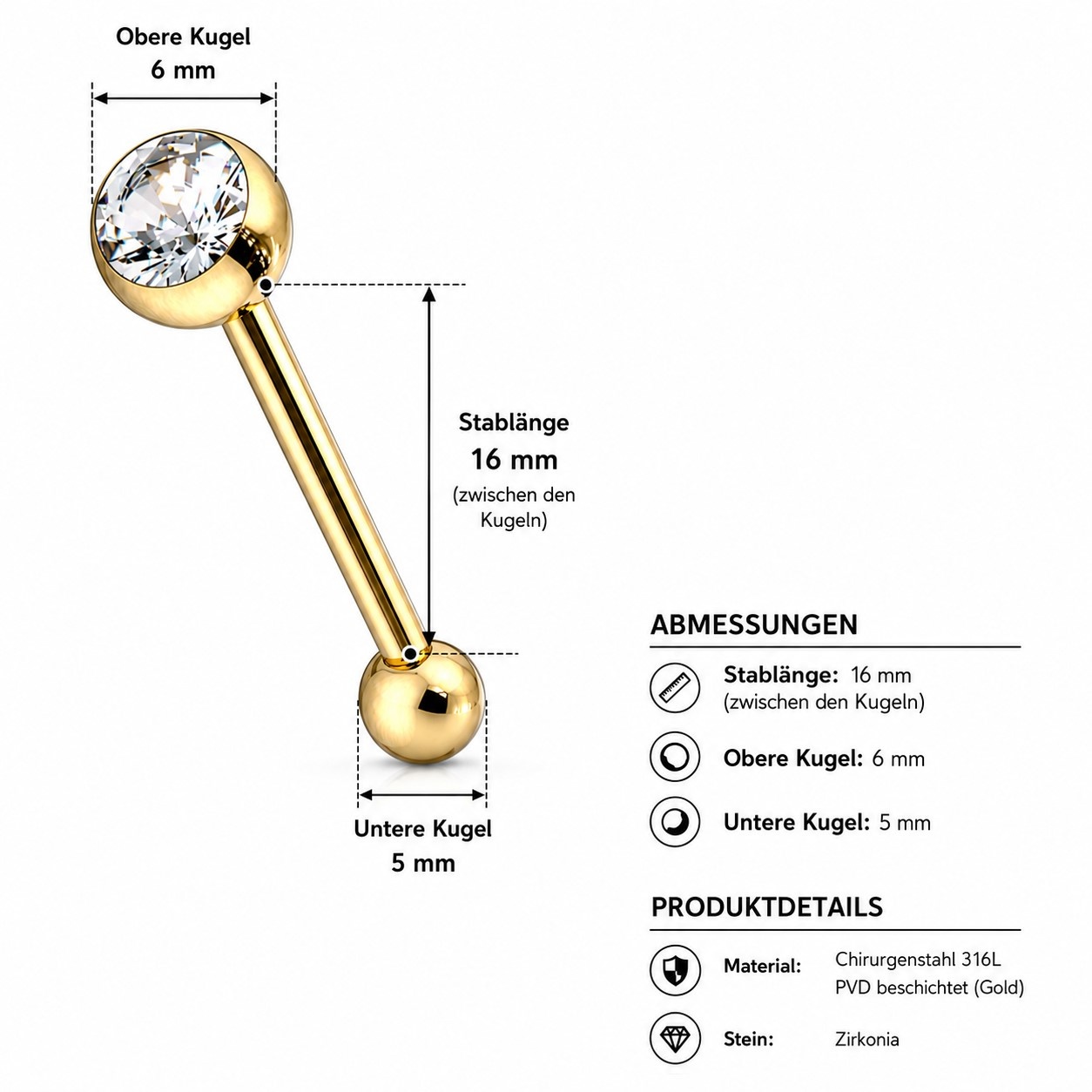 Goldfarbiges Zungenpiercing mit Kristall-Zirkonia