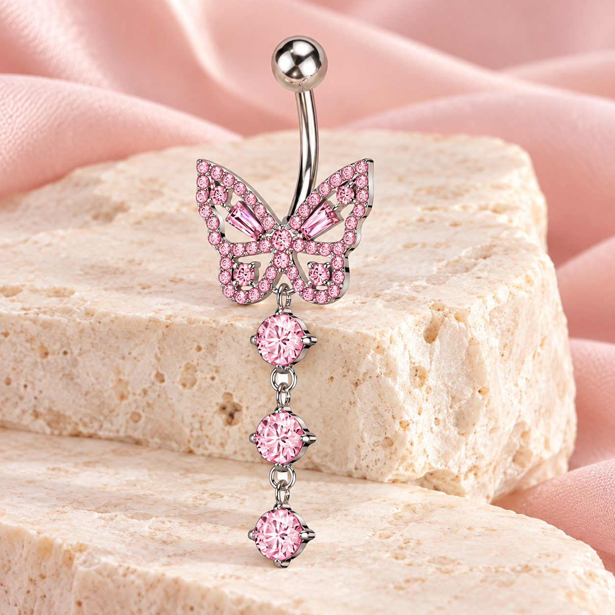 Bauchnabelpiercing Schmetterling mit pinkem Kristall