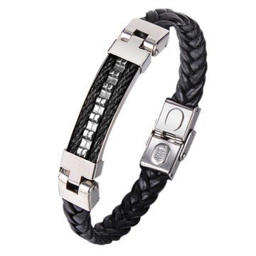 Schwarzes Lederarmband mit Edelstahl Schild