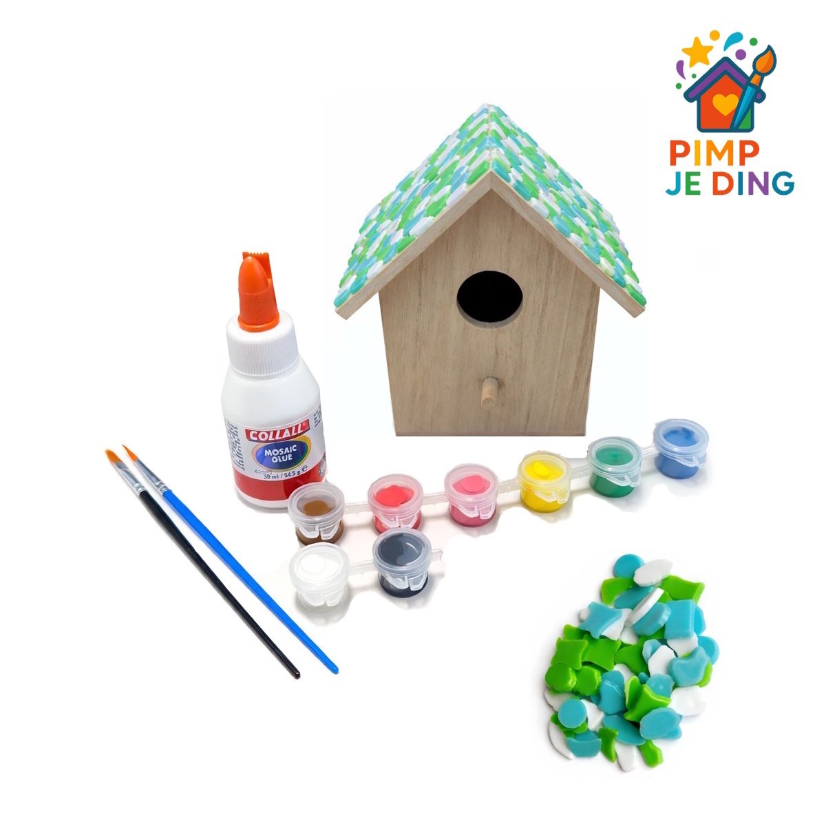 Knutselpakket Vogelhuisje Lichtgroen-Lichtblauw-Wit