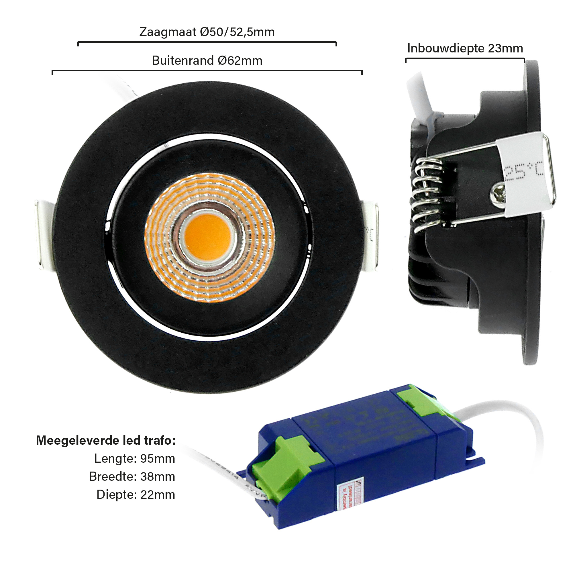 ED-10062 Led inbouwspot kleine inbouwdiepte IP54 warm wit, rond, zwart, 55mm