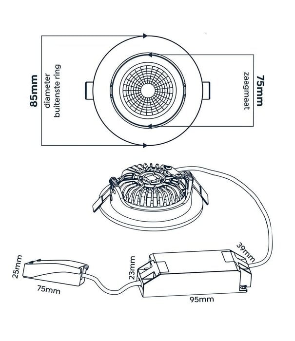 ED-10023 Led inbouwspot kleine inbouwdiepte IP54 dim to warm, rond, zwart, 75mm