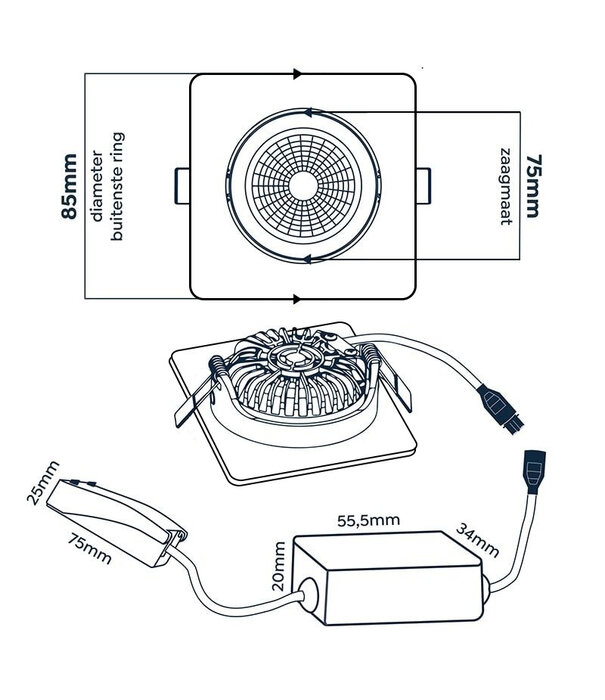 ED-10026 Led-Einbaustrahler kleine Einbautiefe IP54 gedimmt bis warm, quadratisch, schwarz, 75mm