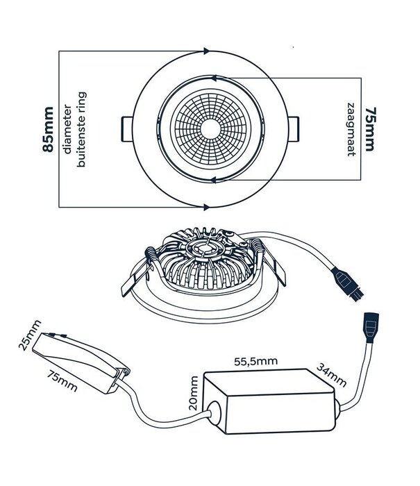 ED-10029 Led recessed spotlight small recessed depth IP54 warm white, round, black, 75mm