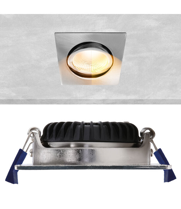 ED-10027 Led recessed spotlight small recessed depth IP54 dim to warm, square, brushed nickel, 75mm