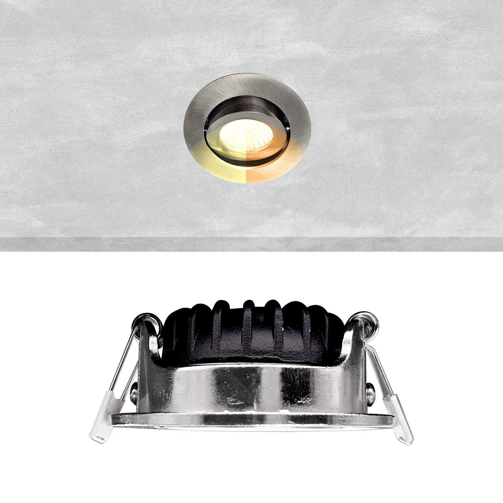 ED-10059 Led recessed spotlight small recessed depth IP54 dim to warm, round, brushed nickel, 55mm