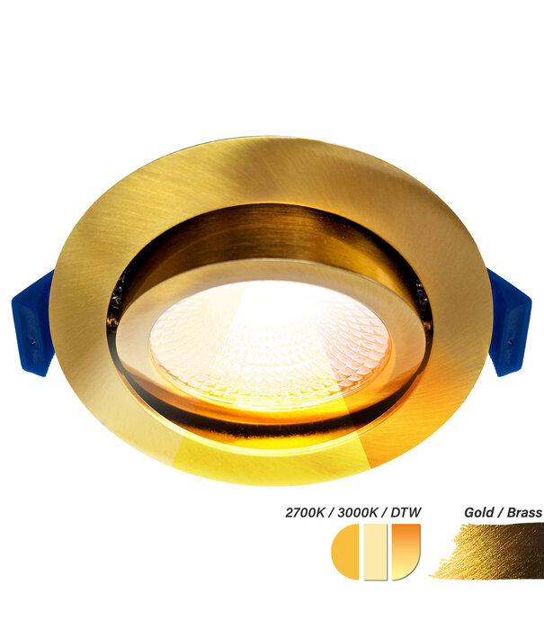 ED-10095 Led inbouwspot kleine inbouwdiepte IP54, CCT 2700K/3000K/DTW, rond, goud/messing, 75mm