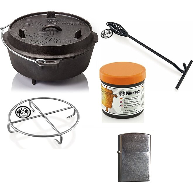 Dutch Oven FT6-6QT (met pootjes) Set - Pan + Conditoner + Deksellifter + Trivet + Zippo Aansteker