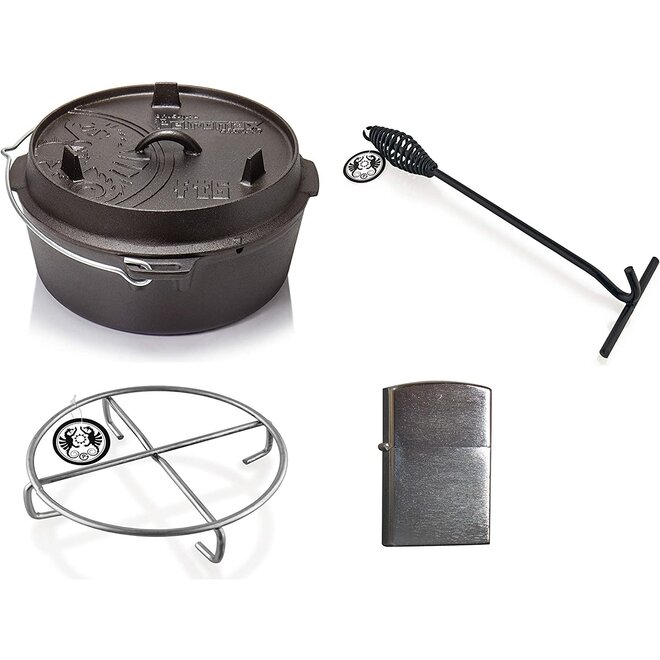 Dutch Oven FT6-6QT (zonder pootjes) Set - Pan + Deksellifter + Trivet + Zippo Aansteker