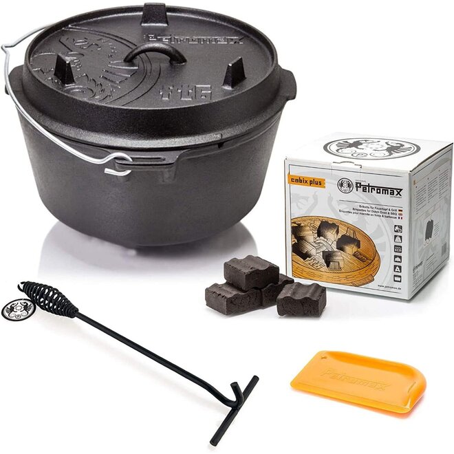 Dutch Oven FT6-6QT (zonder pootjes) Set - Pan + Deksellifter + Schraper + Briketten