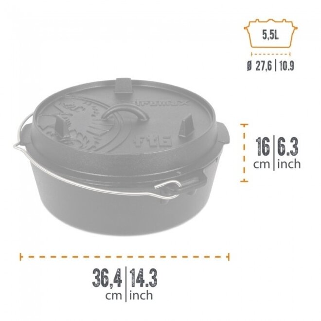 Dutch Oven FT6-6QT (zonder pootjes) Set - Pan + Deksellifter + Schraper + Briketten