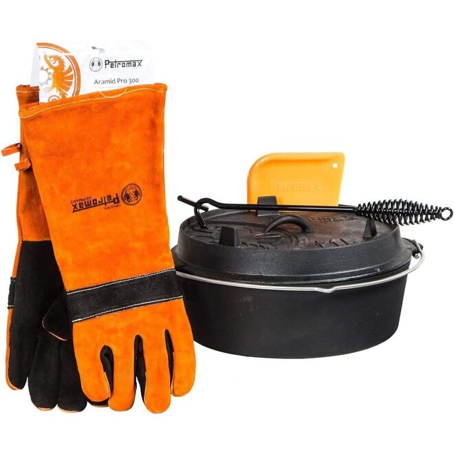 Dutch Oven FT6-6QT (zonder pootjes) Set - Pan + Deksellifter + Vuurhandschoenen + Schraper