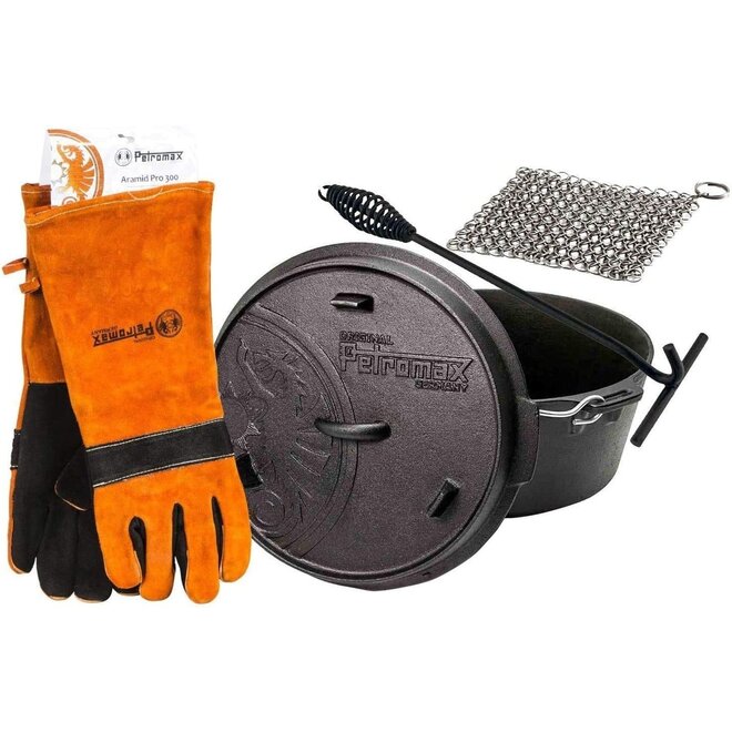 Dutch Oven FT6-6QT (zonder pootjes) Set - Pan + Deksellifter + Vuurhandschoenen + Chainmail Cleaner