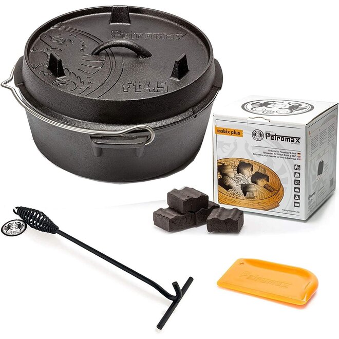 Dutch Oven FT4.5-4.5QT (zonder pootjes) Set - Pan + Deksellifter + Schraper + Briketten