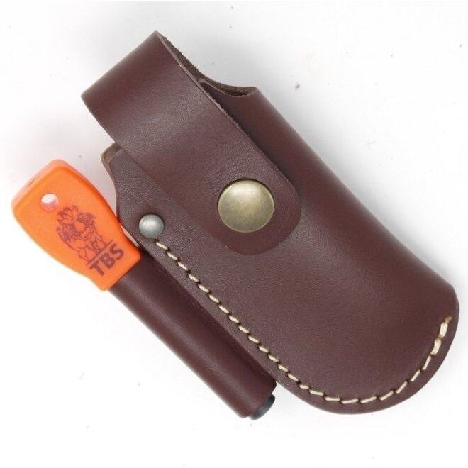 Leather small folding knife belt pouch with firesteel loop - brown