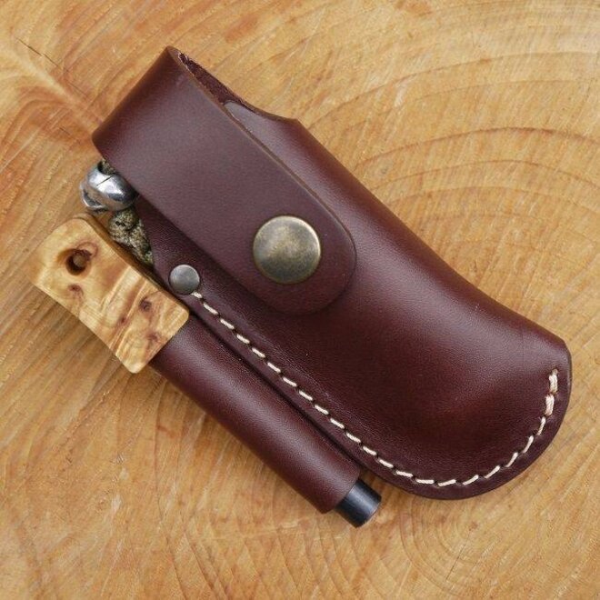 Leather small folding knife belt pouch with firesteel loop - brown