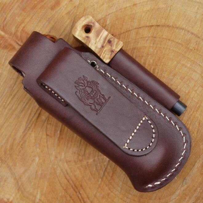 Leather small folding knife belt pouch with firesteel loop - brown