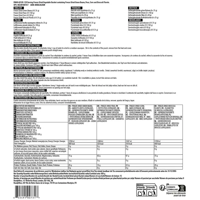 Vriesgedroogde Groenten Noodrantsoen Emmer - 120 Porties - THT: 31-12-2050