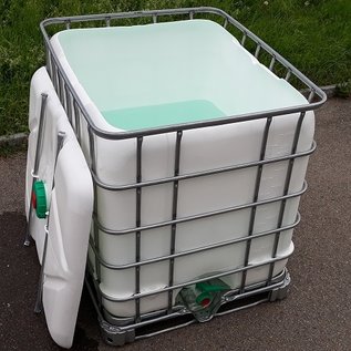 Regenwassertonne eckig weiss 1000 Liter offen mit Deckel auf Stahl-Palette