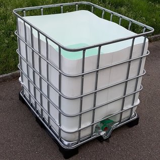 Regenwassertonne weiss eckig 1000 Liter exFood offen auf verzinkter Stahl-Kunststoff-Palette