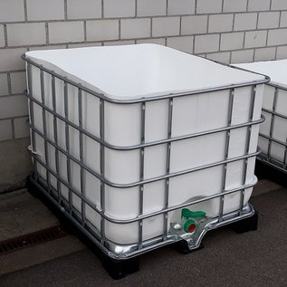 Regenwassertonne eckig 900 Liter exFood offen auf verzinkter Stahl-Kunststoff-Palette #5OMVP900-exFood-REGEN-USER