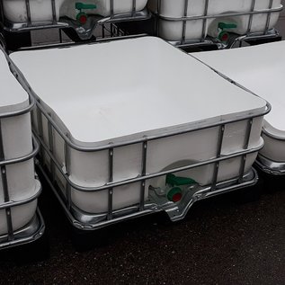 Regenwassertonne eckig 400 Liter exFood offen auf verzinkter Stahl-Kunststoff-Palette