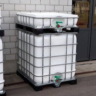 Regenwasserspeicher bepflanzbar WEISS 1000 Liter und 220 Liter Pflanzschale exFood auf Metall-Kunststoff-Palette mit Sichtschutz #5MVP1220-exFood-REGEN-USER