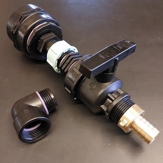 IBC Adapter FEINGEWINDE 2-Zoll / 58mm Auslauf mit Ersatz-Kugelhahn und 1-Zoll Aussengewinde