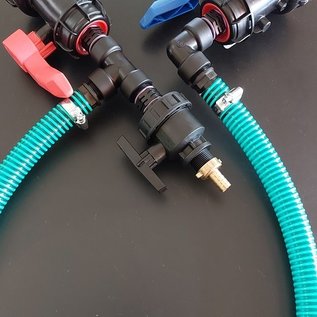 IBC Tankverbindung mit 2'' Anschlüssen mit Schlauch übereinander mit Zusatz-Hahn