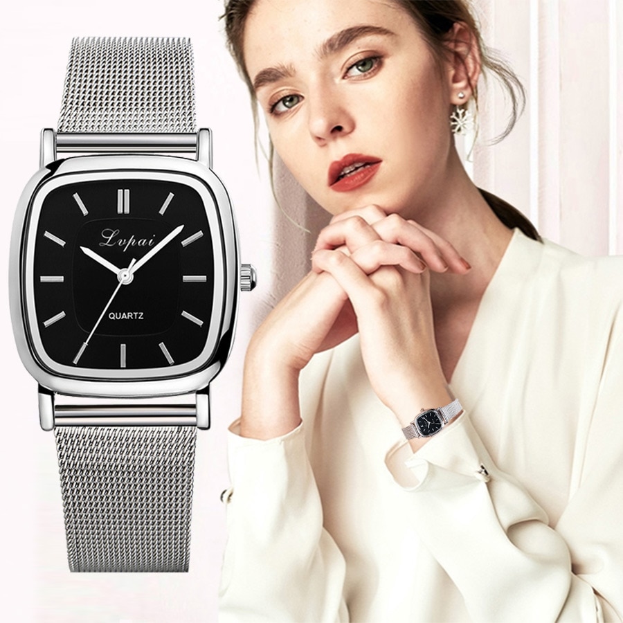 Lvpai LuxeHorloges Vrouwen Rvs Zwart Vierkant Wijzerplaat Casual Armband  Quartz Horloges Montre Femme