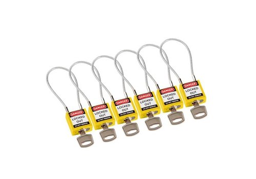 Nylon safety padlock yellow with cable 195973 - 6 pack 