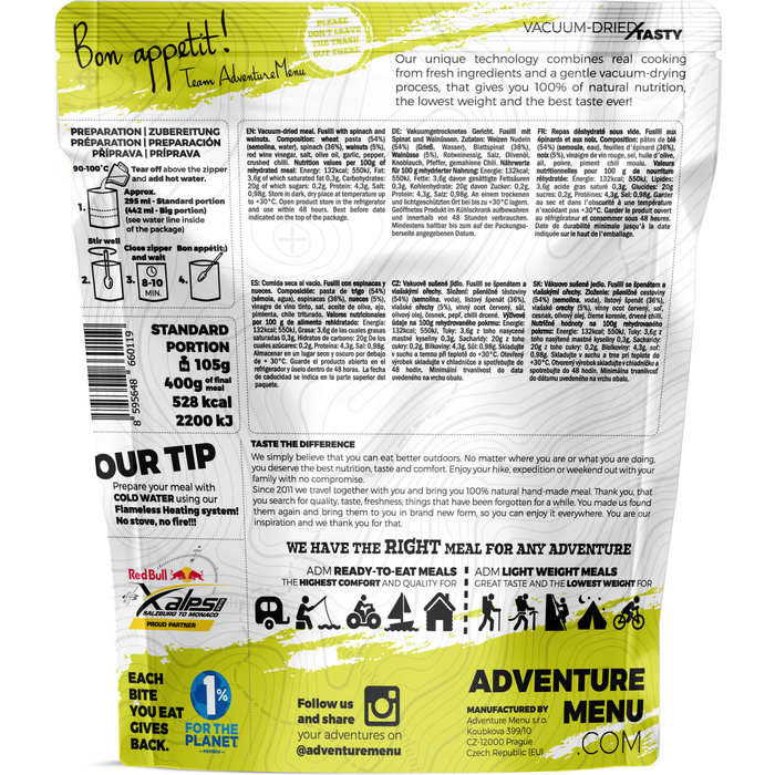 Adventure Menu Fusilli with spinach and walnuts Vegan