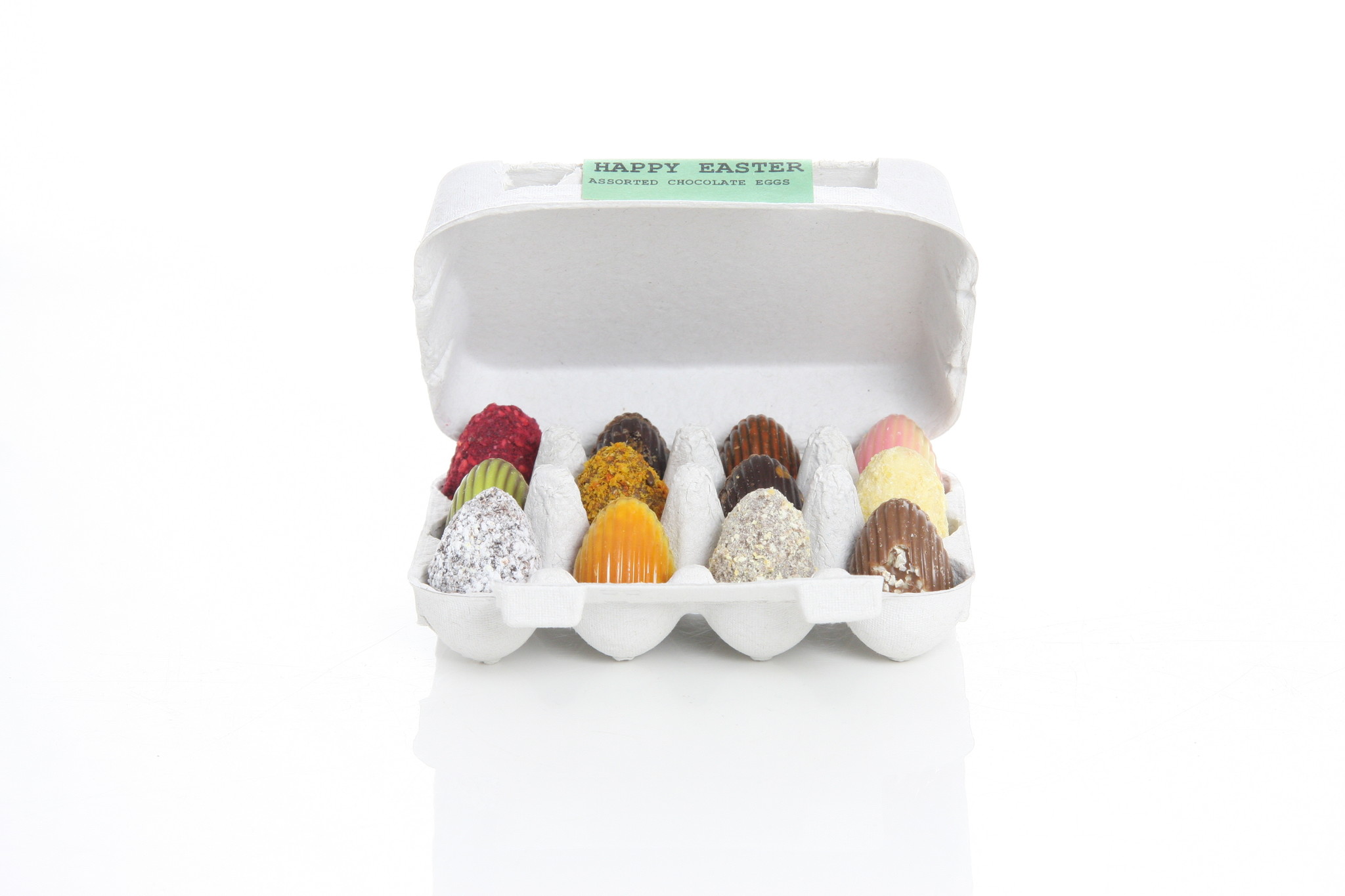 12 assorted chocolate Easter eggs in cardboard egg carton