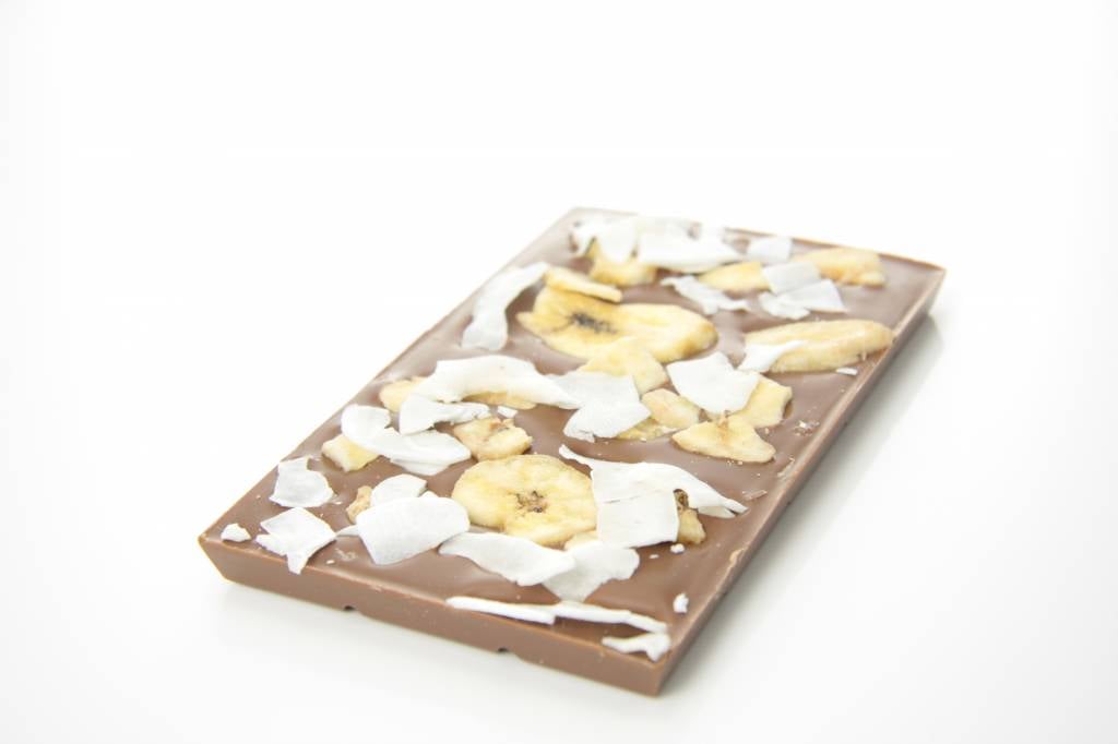 A bar of milk chocolate with banana and coconut