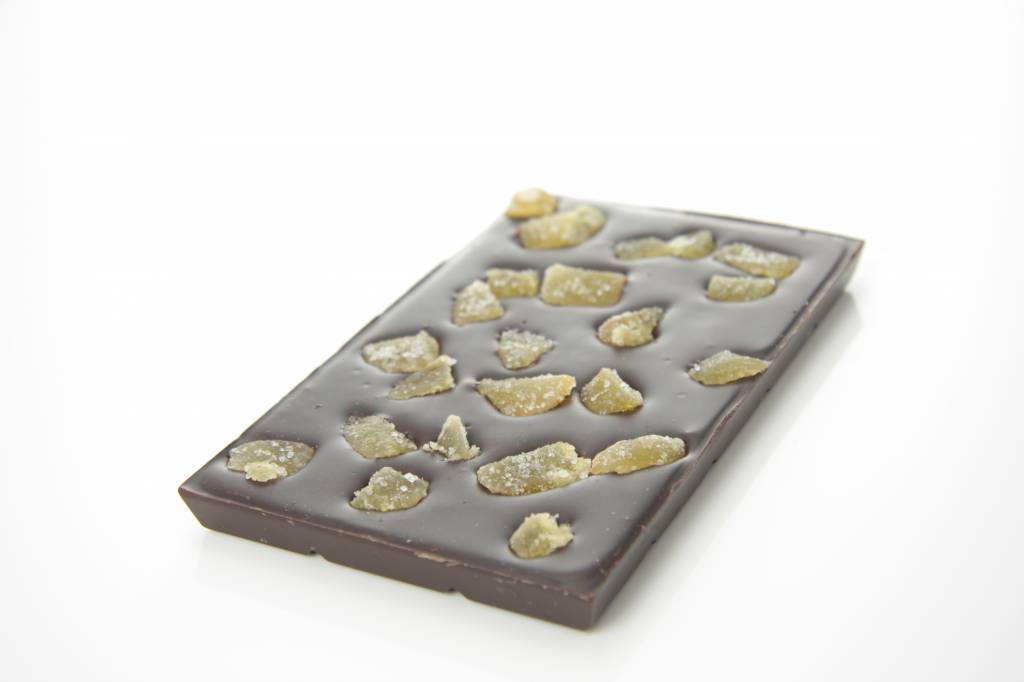 A dark chocolate bar with ginger