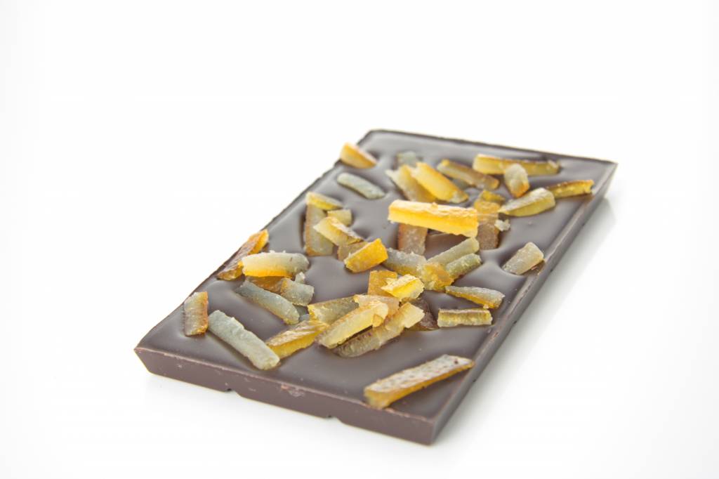 A bar of dark chocolate with orange