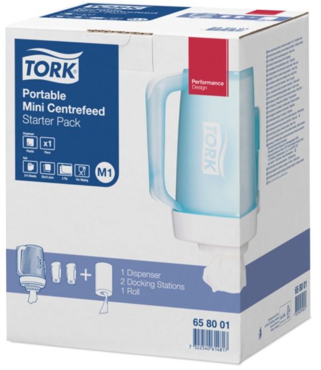 Tork Starterpack Draagbare Mini Centerfeed Poetspapier Dispenser Kunststof Wit/Turquoise M1