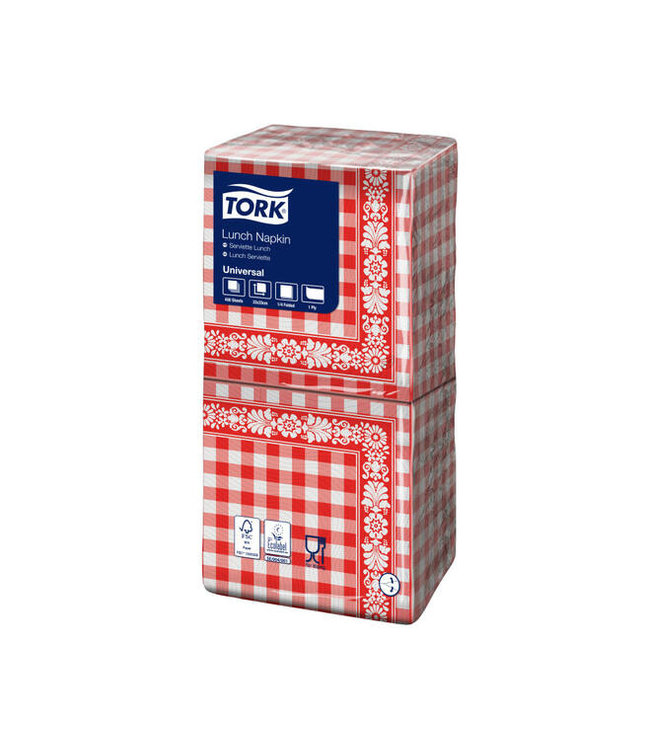 Tork Lunchservet Red Check, 1-laags, decor, 32,8x32,5cm, ¼-vouw, 8x400st, 3.200st/doos