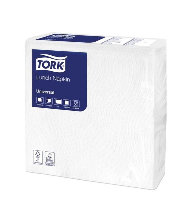 Tork Lunchservet Universal, 1-laags, wit, 32,5x32,5cm, ¼-vouw, 28x100st, 2.800st/doos